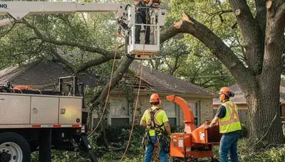 Emergency tree service crew removing storm-damaged tree in Minneapolis, MN