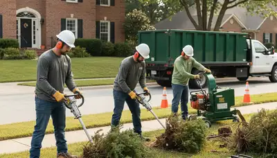 Minneapolis tree service crew removing overgrown shrubs for safe, efficient yard clearing
