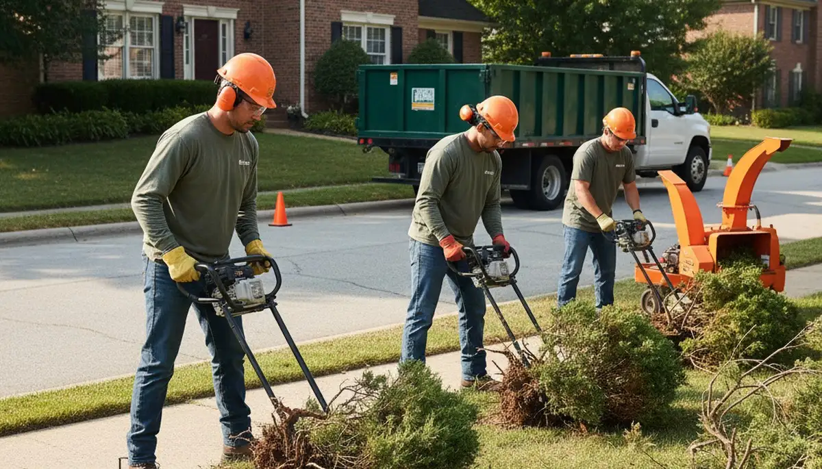 Minneapolis tree service crew removing overgrown shrubs for safe, efficient yard clearing