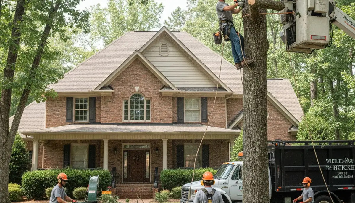 Tree service crew trimming trees in Minneapolis, MN for safe, professional property care