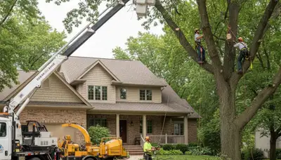 Professional tree service crew in Minneapolis, MN trimming trees for safe, expert maintenance