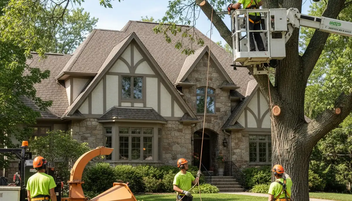 Tree service crew trimming trees in Minneapolis, MN for safe, professional property care