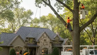 Tree service crew trimming trees in Minneapolis, MN for safe, professional property maintenance