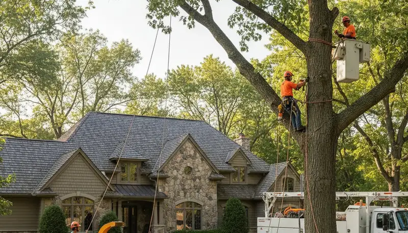 Tree service crew trimming trees in Minneapolis, MN for safe, professional property maintenance