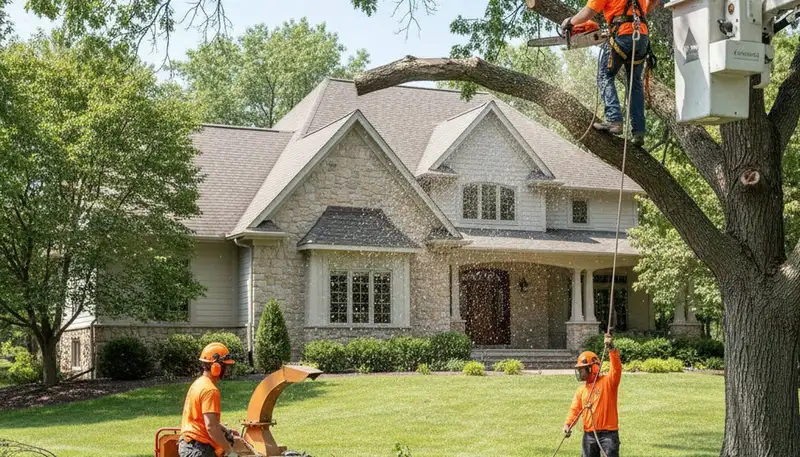 Tree service crew trimming trees in Minneapolis, MN for safe, professional property maintenance