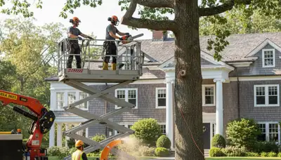 Tree service crew in Minneapolis, MN trimming and removing trees for a local property