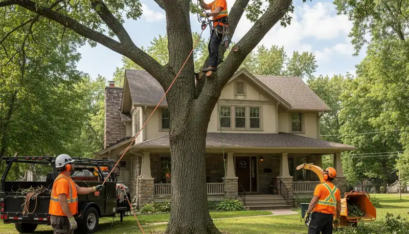 Tree service crew trimming trees in Minneapolis, MN