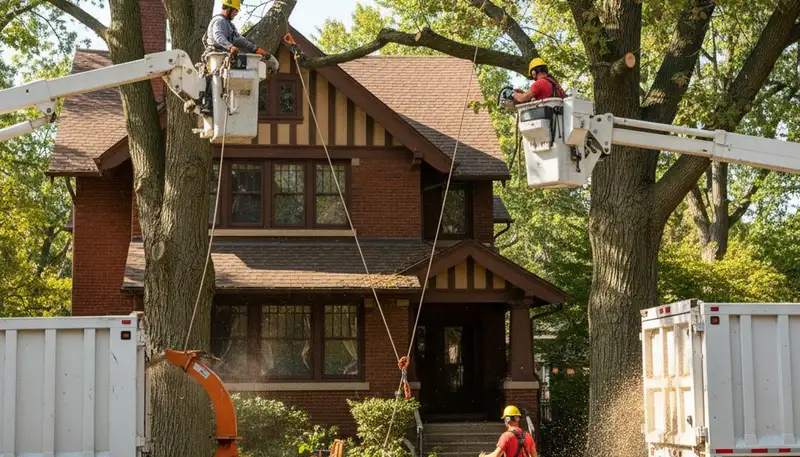 Tree service crew trimming trees in Minneapolis, MN for safe, professional property maintenance