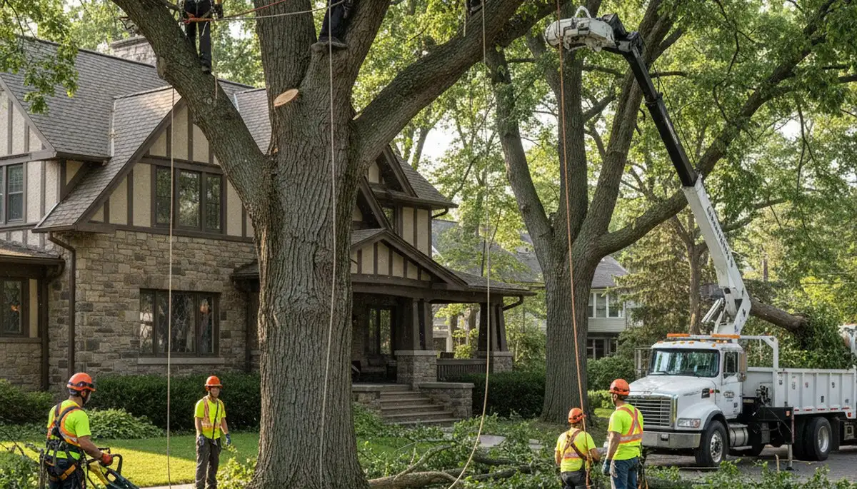 Tree service crew trimming trees in Minneapolis, MN for safe, professional property care