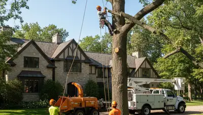 Tree service crew trimming trees in Minneapolis, MN for safe, professional landscape care